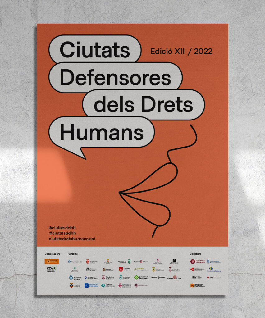 Off Course, Ciutats Defensores del Drets Humans: Mockup de cartel, naranja, branding con identidad global