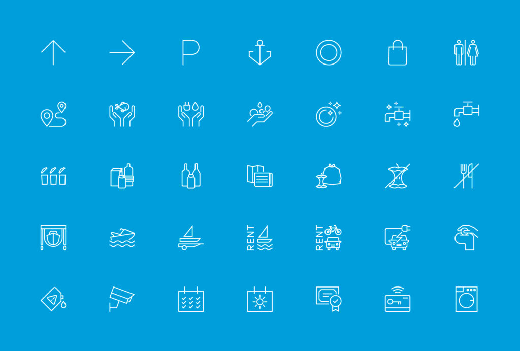Off Course, Club Nàutic L'Escala: 35 reticulated icons designed for the club, blue background with white stroke. A long term project.