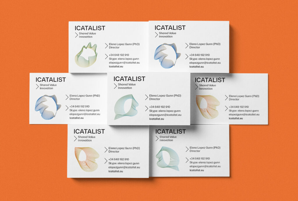 Off Course, Icatalist: Diseño de tarjetas de presentación implementando el símbolo nuevo y dinámico de la marca, sobre fondo naranja. Adaptación al cambio.