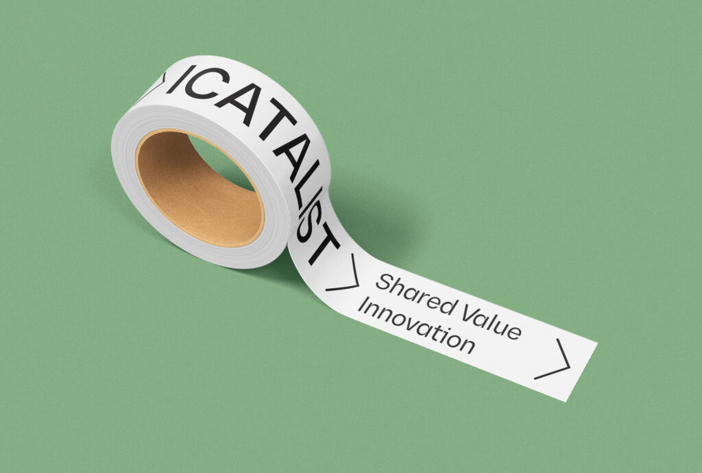 Off Course, Icatalist: Adhesive tape with brand logo and slogan, green background. Adapting to change.