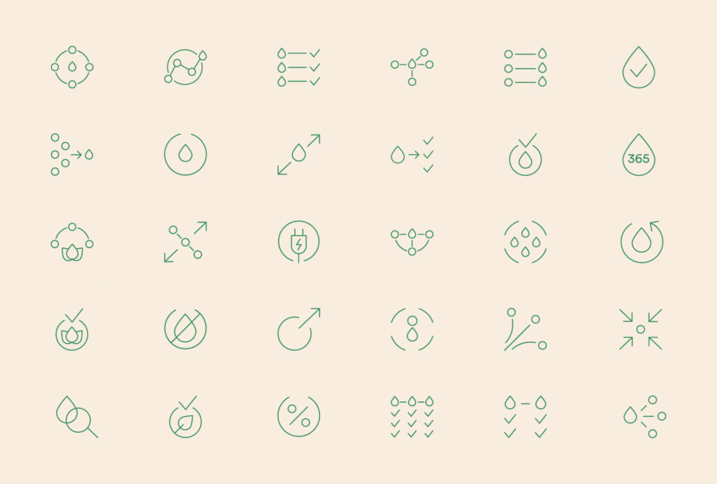 Off Course, FieldFactors: Cream background with 30 icons related to the water treatment, created with a thin green stroke. Connecting our future with nature.